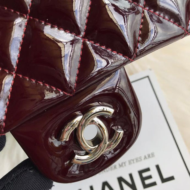 Chanel Classic Double Flap Bag 25cm Silver Hardware Patent Lambskin Leather Spring Summer Act 2 2018 Collection Burgundy