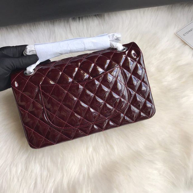 Chanel Classic Double Flap Bag 25cm Silver Hardware Patent Lambskin Leather Spring Summer Act 2 2018 Collection Burgundy