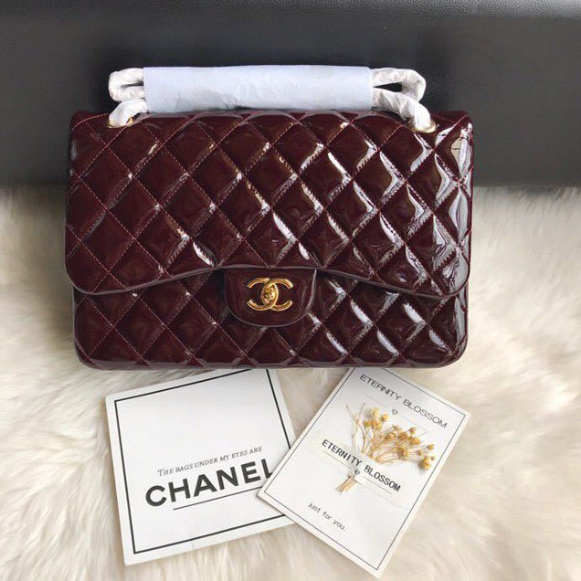 Chanel Classic Double Flap Bag 30cm Gold Hardware Patent Lambskin Leather Spring Summer Act 2 2018 Collection Burgundy