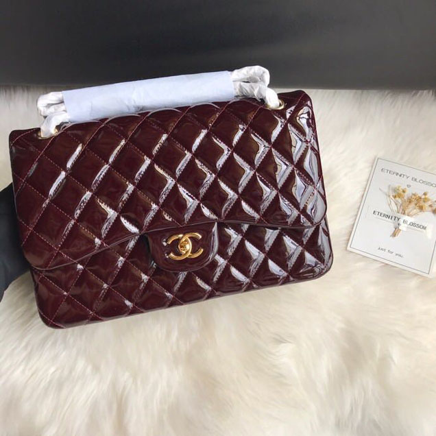Chanel Classic Double Flap Bag 30cm Gold Hardware Patent Lambskin Leather Spring Summer Act 2 2018 Collection Burgundy