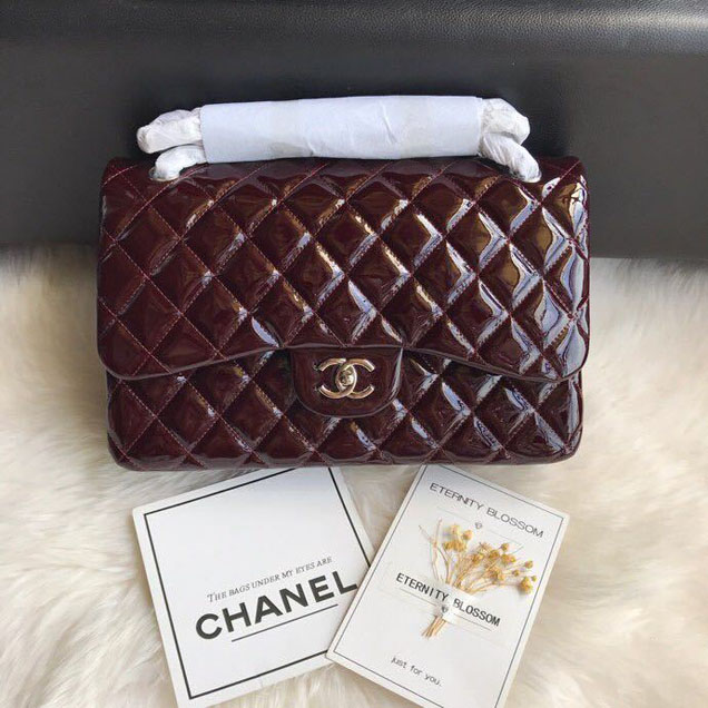 Chanel Classic Double Flap Bag 30cm Silver Hardware Patent Lambskin Leather Spring Summer Act 2 2018 Collection Burgundy