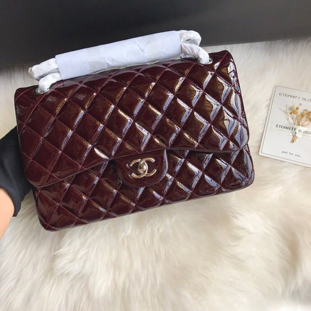 Chanel Classic Double Flap Bag 30cm Silver Hardware Patent Lambskin Leather Spring Summer Act 2 2018 Collection Burgundy
