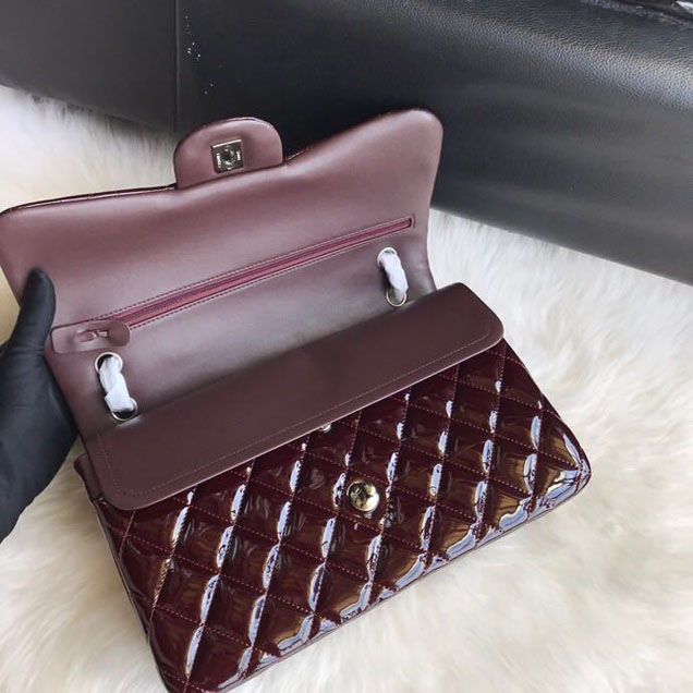 Chanel Classic Double Flap Bag 30cm Silver Hardware Patent Lambskin Leather Spring Summer Act 2 2018 Collection Burgundy