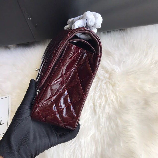 Chanel Classic Double Flap Bag 30cm Silver Hardware Patent Lambskin Leather Spring Summer Act 2 2018 Collection Burgundy