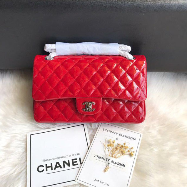 Chanel Classic Double Flap Bag 25cm Silver Hardware Patent Lambskin Leather Spring Summer Act 2 2018 Collection Red