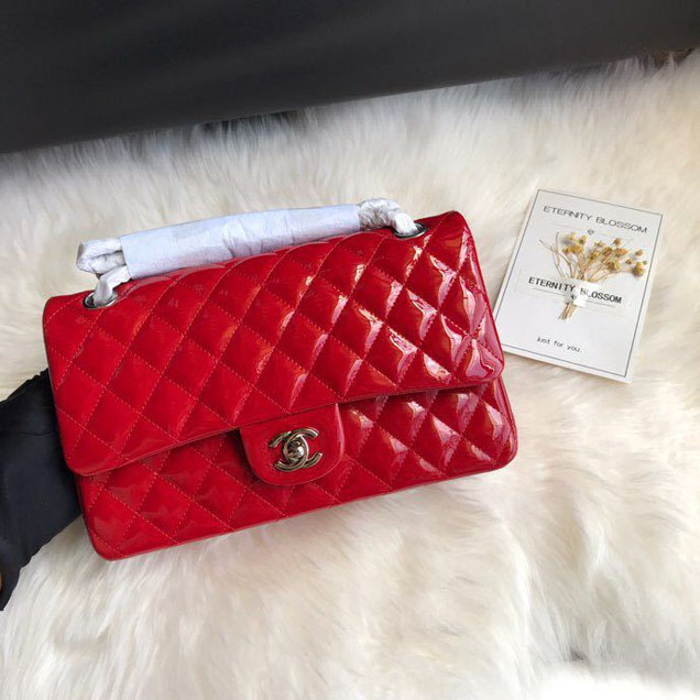 Chanel Classic Double Flap Bag 25cm Silver Hardware Patent Lambskin Leather Spring Summer Act 2 2018 Collection Red