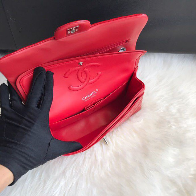 Chanel Classic Double Flap Bag 25cm Silver Hardware Patent Lambskin Leather Spring Summer Act 2 2018 Collection Red