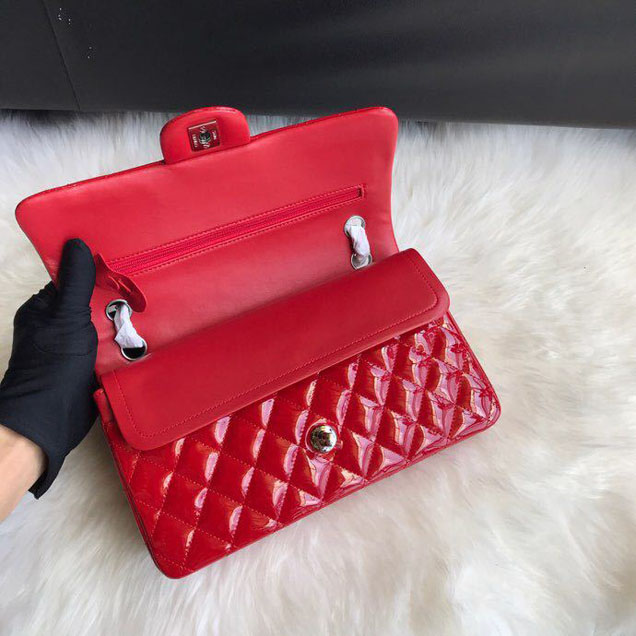 Chanel Classic Double Flap Bag 25cm Silver Hardware Patent Lambskin Leather Spring Summer Act 2 2018 Collection Red