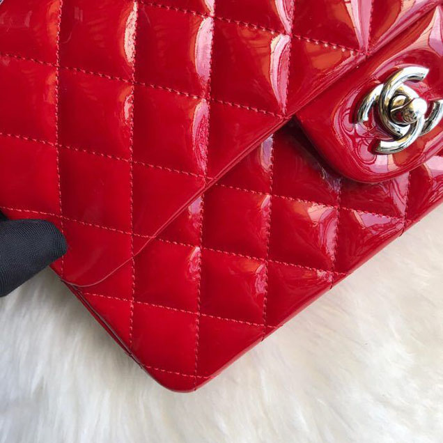 Chanel Classic Double Flap Bag 25cm Silver Hardware Patent Lambskin Leather Spring Summer Act 2 2018 Collection Red