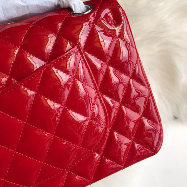 Chanel Classic Double Flap Bag 25cm Silver Hardware Patent Lambskin Leather Spring Summer Act 2 2018 Collection Red