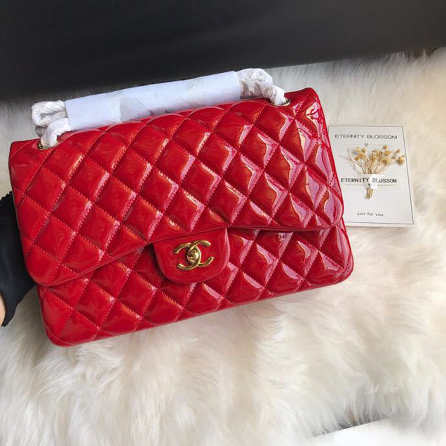 Chanel Classic Double Flap Bag 30cm Gold Hardware Patent Lambskin Leather Spring Summer Act 2 2018 Collection Red