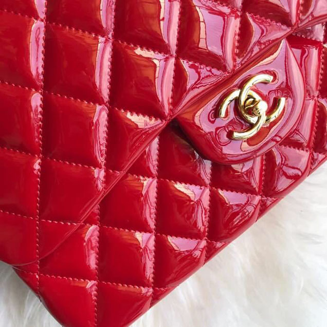 Chanel Classic Double Flap Bag 30cm Gold Hardware Patent Lambskin Leather Spring Summer Act 2 2018 Collection Red