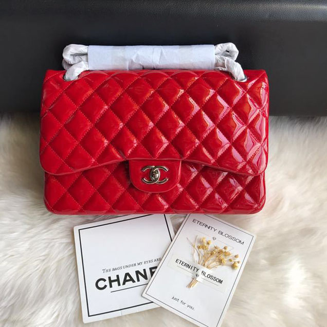 Chanel Classic Double Flap Bag 30cm Silver Hardware Patent Lambskin Leather Spring Summer Act 2 2018 Collection Red