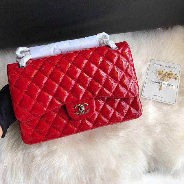 Chanel Classic Double Flap Bag 30cm Silver Hardware Patent Lambskin Leather Spring Summer Act 2 2018 Collection Red