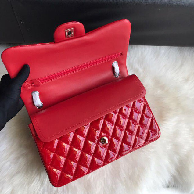 Chanel Classic Double Flap Bag 30cm Silver Hardware Patent Lambskin Leather Spring Summer Act 2 2018 Collection Red