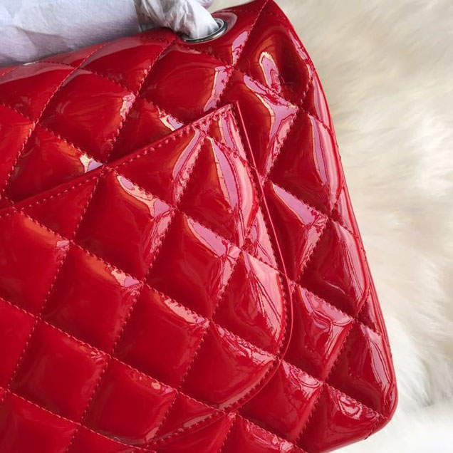 Chanel Classic Double Flap Bag 30cm Silver Hardware Patent Lambskin Leather Spring Summer Act 2 2018 Collection Red