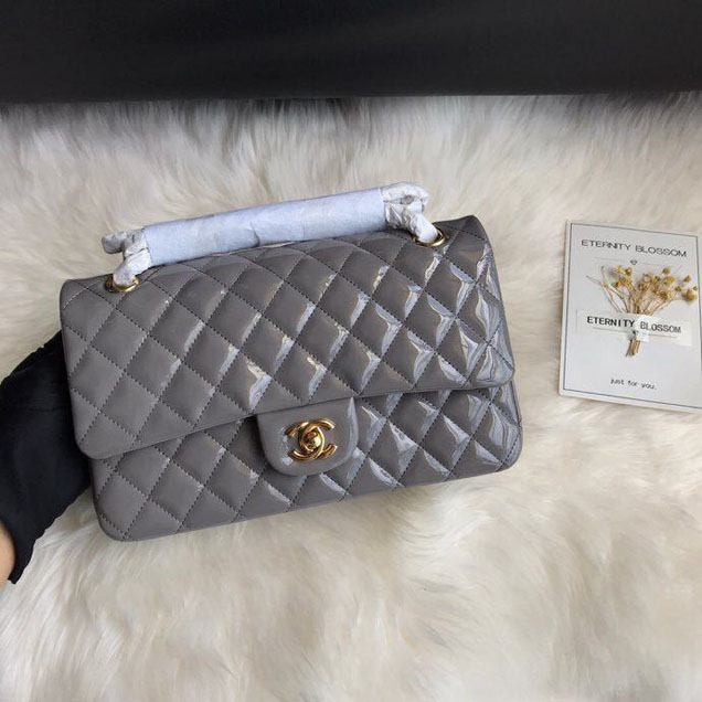 Chanel Classic Double Flap Bag 25cm Gold Hardware Patent Lambskin Leather Spring Summer Act 2 2018 Collection Grey