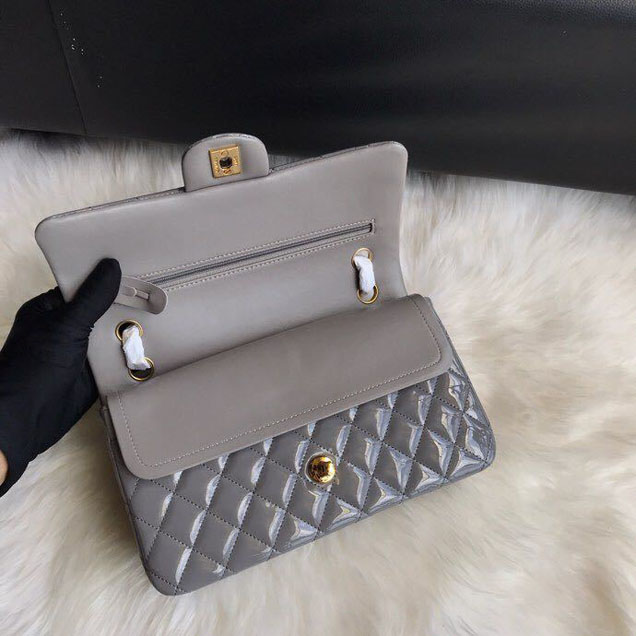 Chanel Classic Double Flap Bag 25cm Gold Hardware Patent Lambskin Leather Spring Summer Act 2 2018 Collection Grey