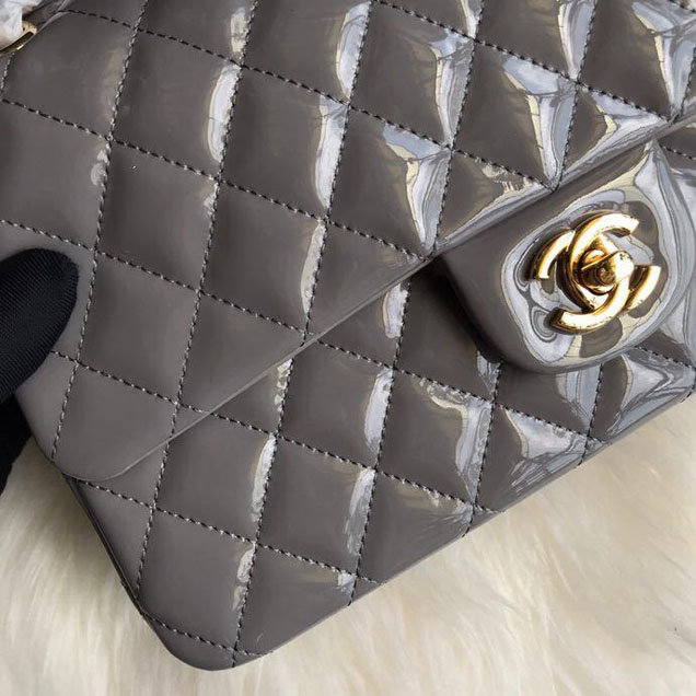 Chanel Classic Double Flap Bag 25cm Gold Hardware Patent Lambskin Leather Spring Summer Act 2 2018 Collection Grey