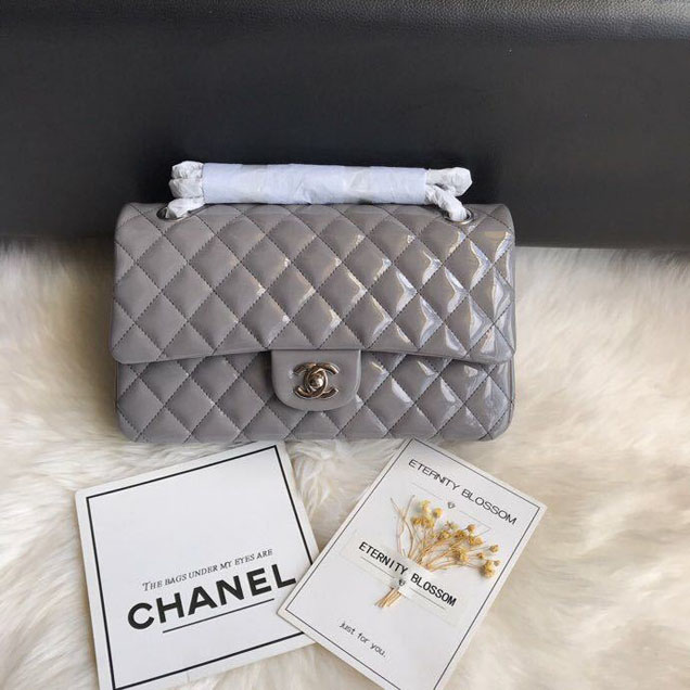 Chanel Classic Double Flap Bag 25cm Silver Hardware Patent Lambskin Leather Spring Summer Act 2 2018 Collection Grey