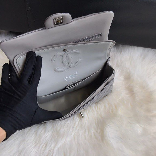 Chanel Classic Double Flap Bag 25cm Silver Hardware Patent Lambskin Leather Spring Summer Act 2 2018 Collection Grey