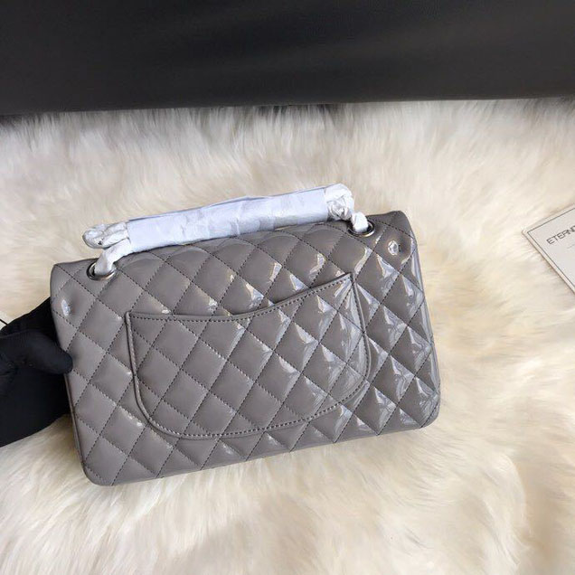 Chanel Classic Double Flap Bag 25cm Silver Hardware Patent Lambskin Leather Spring Summer Act 2 2018 Collection Grey