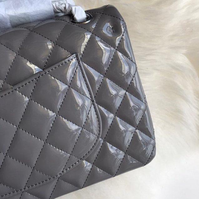 Chanel Classic Double Flap Bag 25cm Silver Hardware Patent Lambskin Leather Spring Summer Act 2 2018 Collection Grey