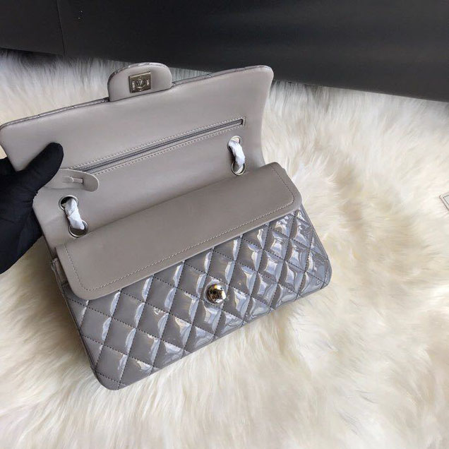 Chanel Classic Double Flap Bag 25cm Silver Hardware Patent Lambskin Leather Spring Summer Act 2 2018 Collection Grey