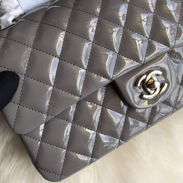 Chanel Classic Double Flap Bag 25cm Silver Hardware Patent Lambskin Leather Spring Summer Act 2 2018 Collection Grey