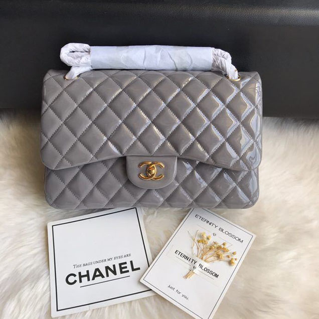 Chanel Classic Double Flap Bag 30cm Gold Hardware Patent Lambskin Leather Spring Summer Act 2 2018 Collection Grey