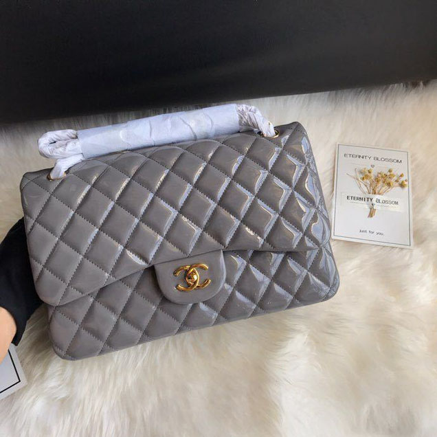 Chanel Classic Double Flap Bag 30cm Gold Hardware Patent Lambskin Leather Spring Summer Act 2 2018 Collection Grey