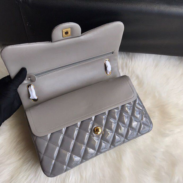 Chanel Classic Double Flap Bag 30cm Gold Hardware Patent Lambskin Leather Spring Summer Act 2 2018 Collection Grey
