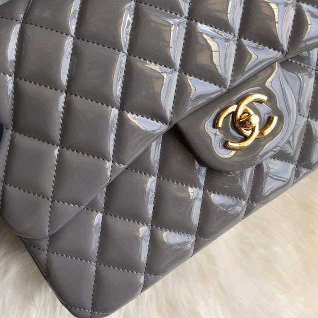 Chanel Classic Double Flap Bag 30cm Gold Hardware Patent Lambskin Leather Spring Summer Act 2 2018 Collection Grey