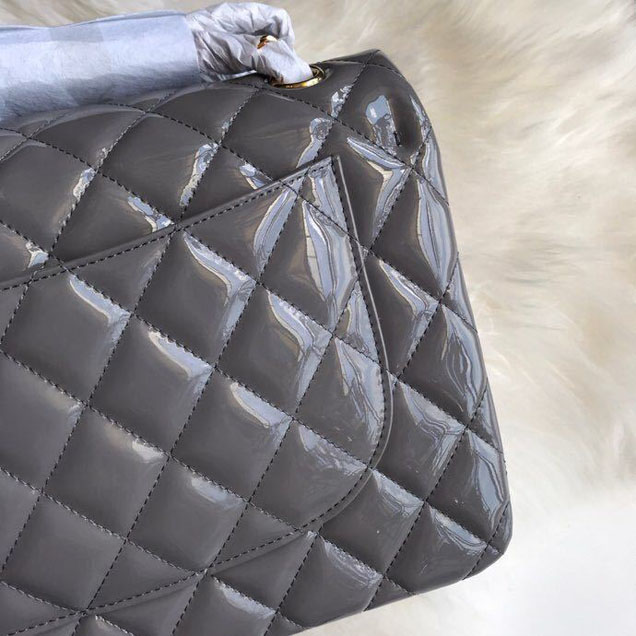Chanel Classic Double Flap Bag 30cm Gold Hardware Patent Lambskin Leather Spring Summer Act 2 2018 Collection Grey