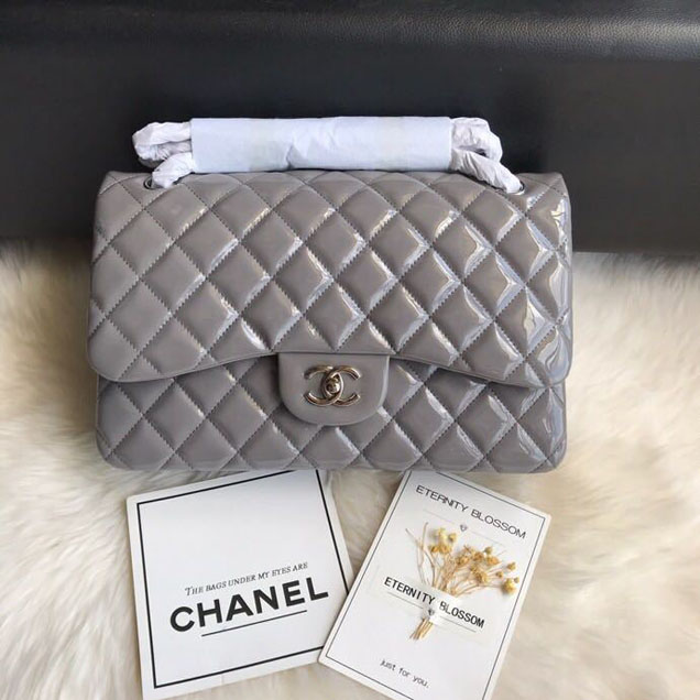 Chanel Classic Double Flap Bag 30cm Silver Hardware Patent Lambskin Leather Spring Summer Act 2 2018 Collection Grey