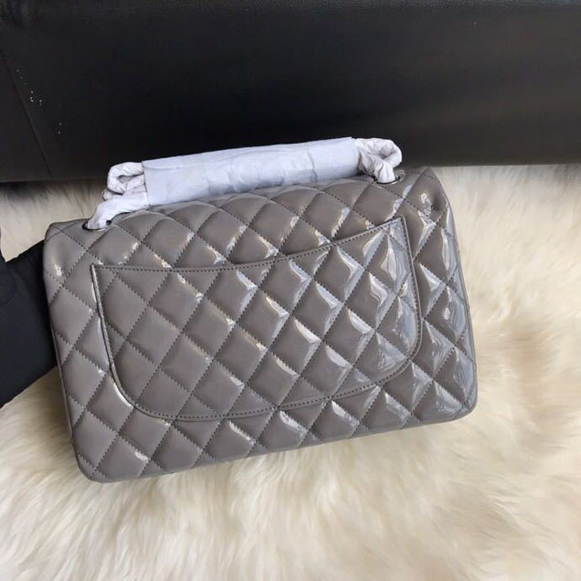 Chanel Classic Double Flap Bag 30cm Silver Hardware Patent Lambskin Leather Spring Summer Act 2 2018 Collection Grey