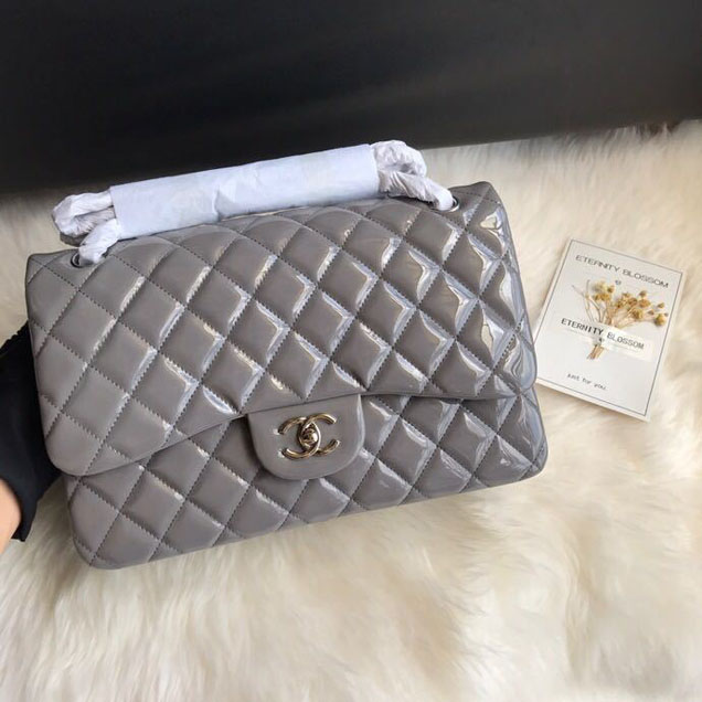Chanel Classic Double Flap Bag 30cm Silver Hardware Patent Lambskin Leather Spring Summer Act 2 2018 Collection Grey