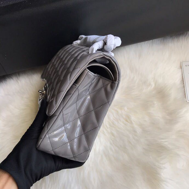 Chanel Classic Double Flap Bag 30cm Silver Hardware Patent Lambskin Leather Spring Summer Act 2 2018 Collection Grey