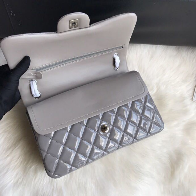 Chanel Classic Double Flap Bag 30cm Silver Hardware Patent Lambskin Leather Spring Summer Act 2 2018 Collection Grey