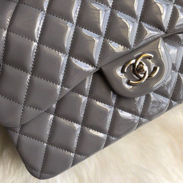 Chanel Classic Double Flap Bag 30cm Silver Hardware Patent Lambskin Leather Spring Summer Act 2 2018 Collection Grey