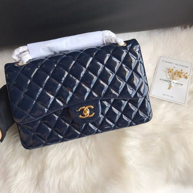 Chanel Classic Double Flap Bag 30cm Gold Hardware Patent Lambskin Leather Spring Summer Act 2 2018 Collection Navy Blue