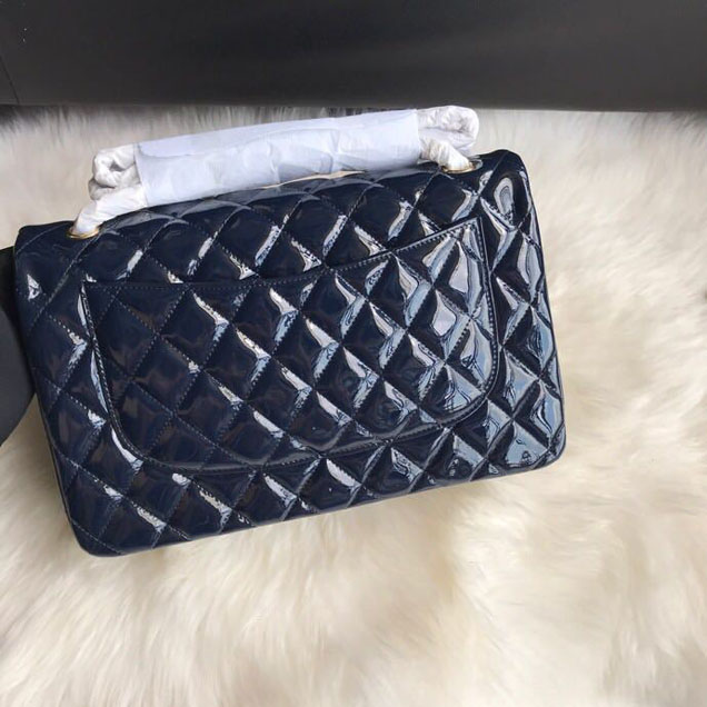 Chanel Classic Double Flap Bag 30cm Gold Hardware Patent Lambskin Leather Spring Summer Act 2 2018 Collection Navy Blue