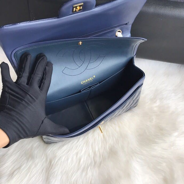 Chanel Classic Double Flap Bag 30cm Gold Hardware Patent Lambskin Leather Spring Summer Act 2 2018 Collection Navy Blue