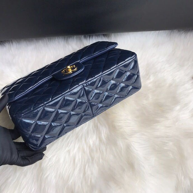 Chanel Classic Double Flap Bag 30cm Gold Hardware Patent Lambskin Leather Spring Summer Act 2 2018 Collection Navy Blue