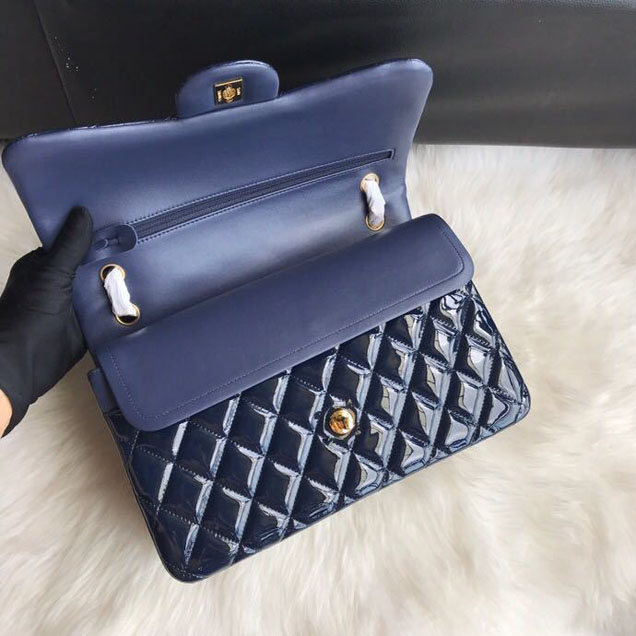 Chanel Classic Double Flap Bag 30cm Gold Hardware Patent Lambskin Leather Spring Summer Act 2 2018 Collection Navy Blue