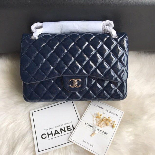 Chanel Classic Double Flap Bag 30cm Silver Hardware Patent Lambskin Leather Spring Summer Act 2 2018 Collection Navy Blue