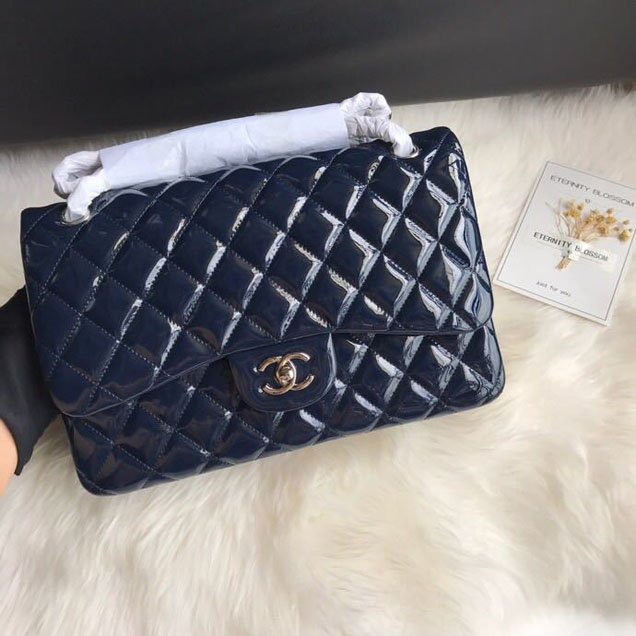 Chanel Classic Double Flap Bag 30cm Silver Hardware Patent Lambskin Leather Spring Summer Act 2 2018 Collection Navy Blue