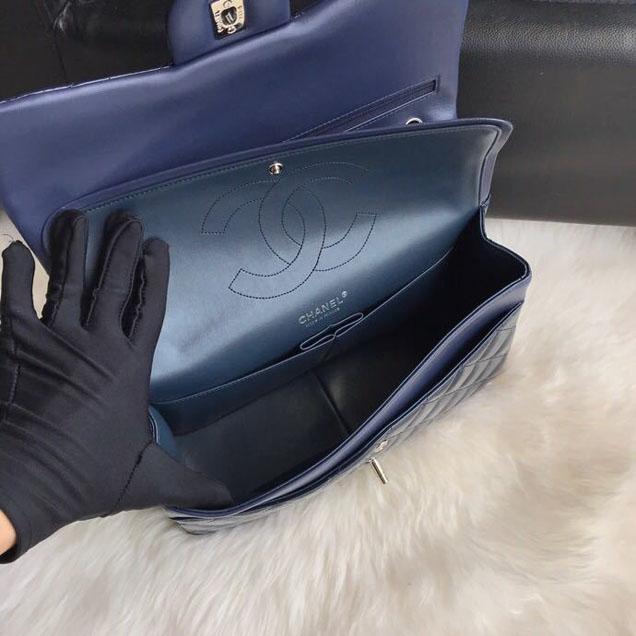 Chanel Classic Double Flap Bag 30cm Silver Hardware Patent Lambskin Leather Spring Summer Act 2 2018 Collection Navy Blue