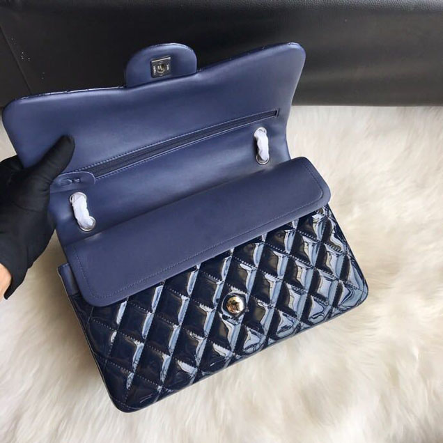 Chanel Classic Double Flap Bag 30cm Silver Hardware Patent Lambskin Leather Spring Summer Act 2 2018 Collection Navy Blue