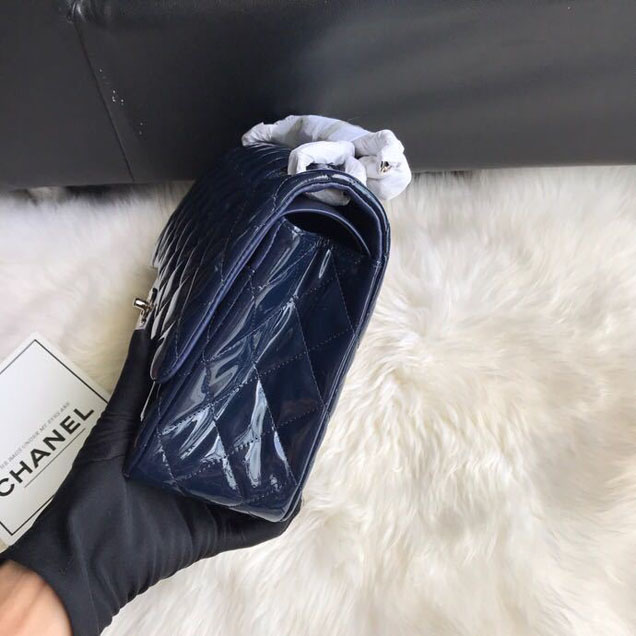 Chanel Classic Double Flap Bag 30cm Silver Hardware Patent Lambskin Leather Spring Summer Act 2 2018 Collection Navy Blue